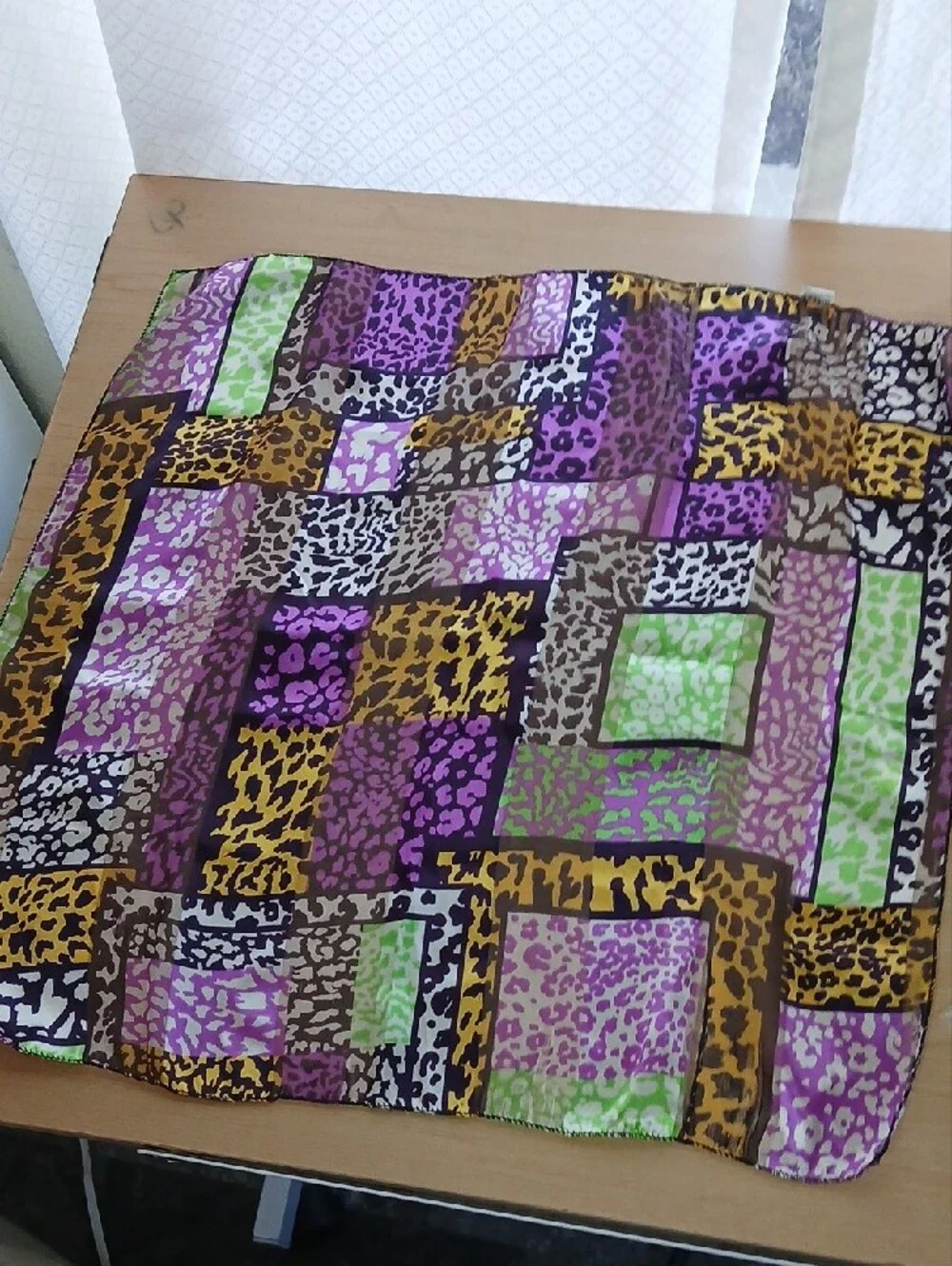 Silky Animal-Print Neck Scarf in Purple, Gold & Green